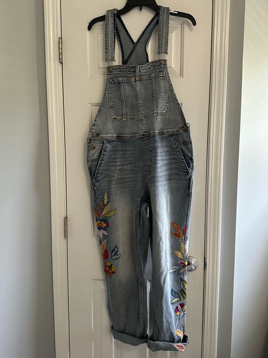 DRIFTWOOD Denim - Free People Driftwood Embroidered Floral Denim Overalls XL Cropped Wide Leg Boho